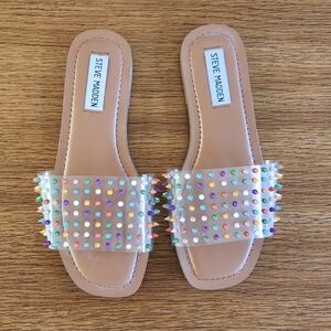 Steve Madden Crusade Flat Slip On Sandal Mutli-color Stud Clear Strap Size 6.5
